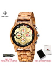 Kunhuang Men Watches Luxury Brand Wooden Walnut Sport Quartz Watch Men Fashion Date Chronograph Watch Relogio Masculino