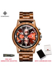 Kunhuang Men Watches Luxury Brand Wooden Walnut Sport Quartz Watch Men Fashion Date Chronograph Watch Relogio Masculino