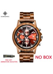 Kunhuang Men Watches Luxury Brand Wooden Walnut Sport Quartz Watch Men Fashion Date Chronograph Watch Relogio Masculino