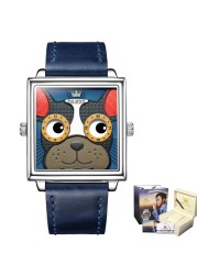 OLEVS Square Trendy Corium Strap Women Wristwatches Quartz Fashion Waterproof Watches for Women Cartoon Dog Watch