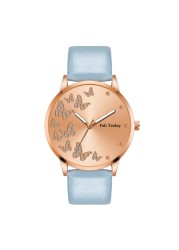 Fashion hot sale butterfly pattern gold faced women's quartz watch leather strap casual women's watch