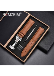 Rimzm Soft Calfskin Leather Watches 18mm 20mm 22mm 24mm Straps Automatic Butterfly Clasp Watch Accessories With Box