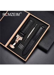 Rimzm Soft Calfskin Leather Watches 18mm 20mm 22mm 24mm Straps Automatic Butterfly Clasp Watch Accessories With Box