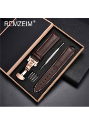 Rimzm Soft Calfskin Leather Watches 18mm 20mm 22mm 24mm Straps Automatic Butterfly Clasp Watch Accessories With Box