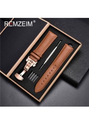 Rimzm Soft Calfskin Leather Watches 18mm 20mm 22mm 24mm Straps Automatic Butterfly Clasp Watch Accessories With Box