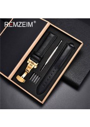 Rimzm Soft Calfskin Leather Watches 18mm 20mm 22mm 24mm Straps Automatic Butterfly Clasp Watch Accessories With Box