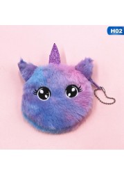 Cute Cat Fur Circle Purse Girl Clutch Bag Embroidered Key Headphone Organizer Pouch Kids Gift Cartoon Plush Unicorn Coin Purse