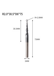 VACK - Ball Nose Pointed End Mills, 3.175mm, 4mm, 6mm, 8mm, Router Bits, Cnc, Wood and Metal Milling Machine