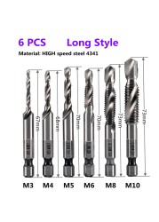 1-6pcs M3 M4 M5 M6 M8 M10 Tap Drill Bits 1/4 Hex Shank Machine Hand Taps Titanium Coated HSS Drill Tap Bits Threaded Screw Tools