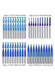 10/40pcs 3.175mm Nano Blue Coated CNC Router Bit End Mill Cutter Mini PCB Carbide Router Bits Kit for Milling Tools