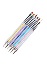 Nail Art Pen 2 in 1 Double Ends Dotting Drawing Painting Carving Dotting Pen Flat Fan Liner Acrylic Gel Brush Set