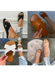 Modern Women Slippers Casual Open Toe Beach Vacation Cute Shoes Solid Color Cross Flat Sandals Bulk Items Wholesale Lots M8686