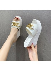 Chain High Heels Slippers Women Wedding Shoes Summer 2022 White Black Platform Wedges Slides Ladies Beach Slippers