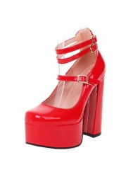 REAVE CAT Women Pumps Square Toe High Block Heels Buckle Straps Punk Platform Big Size 35-41 Solid Red Black Sexy Spring S3626