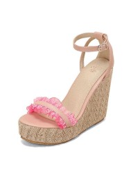 REAVE CAT 2022 Women Sandals Espadrilles Peep Toe Wedges Heel Lace Pleated Buckle Strap Big Size 30-48 Pink White Summer S3615