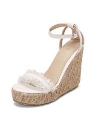 REAVE CAT 2022 Women Sandals Espadrilles Peep Toe Wedges Heel Lace Pleated Buckle Strap Big Size 30-48 Pink White Summer S3615