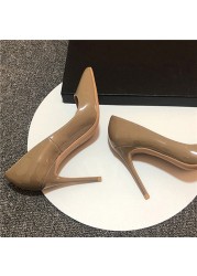 Khaki PU Leather Women Super 12cm High Heels Sexy Ladies Pointed Toe Stiletto 10cm Pumps Party Shoes Plus Size qkf008 ROVICIYA