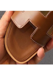 Genuine Leather Slippers Women Luxury Square Peep Toe Flat Slides For Women Ladies Summer Sandals Mules Shoes Plus Size 43