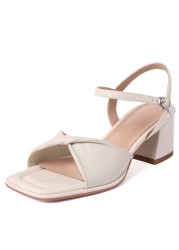 REAVE CAT Soft Comfortable Leather Women Sandals Square Toe Chunky Heels Pleated Buckle Strap 34-39 White Summer Elegant S3662