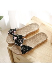 Women Summer Beach Slippers Female Breathable Floral Bow Linen Slippers Sandals Woman Non-slip Flats Female Flip Flop Fashion