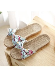 Women Summer Beach Slippers Female Breathable Floral Bow Linen Slippers Sandals Woman Non-slip Flats Female Flip Flop Fashion