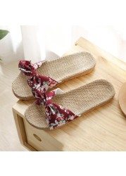 Women Summer Beach Slippers Female Breathable Floral Bow Linen Slippers Sandals Woman Non-slip Flats Female Flip Flop Fashion