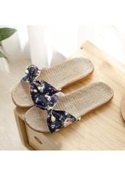 Women Summer Beach Slippers Female Breathable Floral Bow Linen Slippers Sandals Woman Non-slip Flats Female Flip Flop Fashion