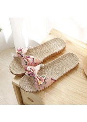 Women Summer Beach Slippers Female Breathable Floral Bow Linen Slippers Sandals Woman Non-slip Flats Female Flip Flop Fashion