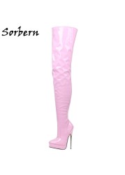 Sorbern Unisex Crotch Thigh High Boots 18cm Metal High Heel Long Boot Shoes Ladies Platform Spike Hard Walking Boot Pointy Toes