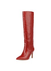 Size 34-43 Women Super Fiber Stone Pattern Knee High Boots Pointed Toe Thin Heel Slip On Party Club Winter Women's Girl Shoes