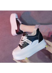 Women Breathable Sneakers Increase Platform Shoes 8cm Casual Shoes Leisure Leather White Shoes Women Vulcanize Shoes 2022