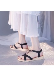 Summer Ladies Gladiator Roman Soft Comfortable Ankle Strap Wedges Sandals Women Beaded Open Toe Elastic Strap Low Heels Shoes