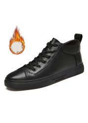 High-top sneakers for men, casual shoes, genuine leather, lace-up, non-slip, soft and breathable