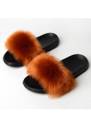 Women Summer New Synthetic Fox Fur Slippers Indoor Home Furry Cute Faux Raccoon Fur Non-slip Outdoor Home Shoes Beach Sandals