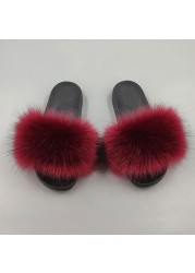 Women Summer New Synthetic Fox Fur Slippers Indoor Home Furry Cute Faux Raccoon Fur Non-slip Outdoor Home Shoes Beach Sandals