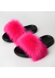 Women Summer New Synthetic Fox Fur Slippers Indoor Home Furry Cute Faux Raccoon Fur Non-slip Outdoor Home Shoes Beach Sandals