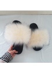 Women Summer New Synthetic Fox Fur Slippers Indoor Home Furry Cute Faux Raccoon Fur Non-slip Outdoor Home Shoes Beach Sandals