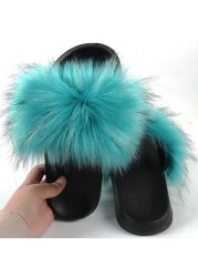 Women Summer New Synthetic Fox Fur Slippers Indoor Home Furry Cute Faux Raccoon Fur Non-slip Outdoor Home Shoes Beach Sandals