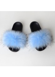 Women Summer New Synthetic Fox Fur Slippers Indoor Home Furry Cute Faux Raccoon Fur Non-slip Outdoor Home Shoes Beach Sandals