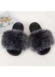 Women Summer New Synthetic Fox Fur Slippers Indoor Home Furry Cute Faux Raccoon Fur Non-slip Outdoor Home Shoes Beach Sandals