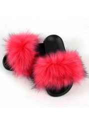 Women Summer New Synthetic Fox Fur Slippers Indoor Home Furry Cute Faux Raccoon Fur Non-slip Outdoor Home Shoes Beach Sandals