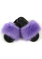 Women Summer New Synthetic Fox Fur Slippers Indoor Home Furry Cute Faux Raccoon Fur Non-slip Outdoor Home Shoes Beach Sandals