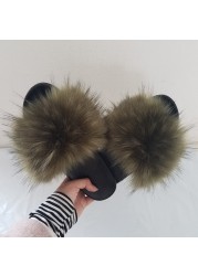 Women Summer New Synthetic Fox Fur Slippers Indoor Home Furry Cute Faux Raccoon Fur Non-slip Outdoor Home Shoes Beach Sandals