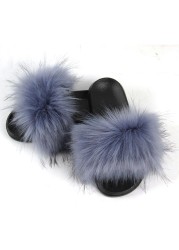 Women Summer New Synthetic Fox Fur Slippers Indoor Home Furry Cute Faux Raccoon Fur Non-slip Outdoor Home Shoes Beach Sandals