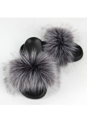 Women Summer New Synthetic Fox Fur Slippers Indoor Home Furry Cute Faux Raccoon Fur Non-slip Outdoor Home Shoes Beach Sandals