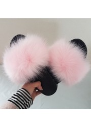 Women Summer New Synthetic Fox Fur Slippers Indoor Home Furry Cute Faux Raccoon Fur Non-slip Outdoor Home Shoes Beach Sandals