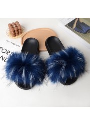 Women Summer New Synthetic Fox Fur Slippers Indoor Home Furry Cute Faux Raccoon Fur Non-slip Outdoor Home Shoes Beach Sandals