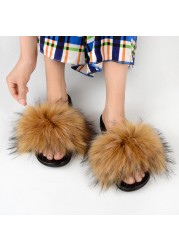 Women Summer New Synthetic Fox Fur Slippers Indoor Home Furry Cute Faux Raccoon Fur Non-slip Outdoor Home Shoes Beach Sandals