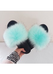 Women Summer New Synthetic Fox Fur Slippers Indoor Home Furry Cute Faux Raccoon Fur Non-slip Outdoor Home Shoes Beach Sandals