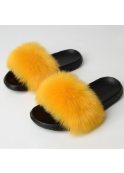 Women Summer New Synthetic Fox Fur Slippers Indoor Home Furry Cute Faux Raccoon Fur Non-slip Outdoor Home Shoes Beach Sandals